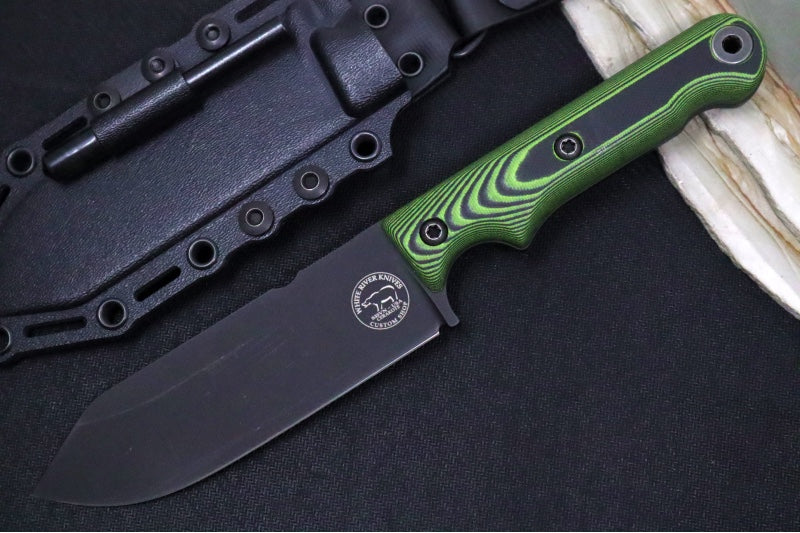 White River Knives 5" Firecraft Custom- Black Cerakote Finish / CPM-S35VN Steel / Black and Green G-10 Handle / Black Kydex Sheath