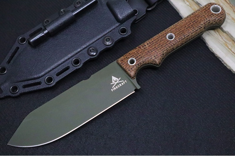 White River Knives 5" Firecraft Custom- OD Green Cerakote Finish / CPM-3V Steel / Brown Burlap Micarta Handle / Black Kydex Sheath