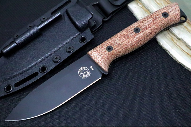 White River Ursus 45 Bushcrafter Custom - Natural Burlap Micarta Handle / CPM-S35VN Steel / Black Cerakote Finish / Black Kydex Sheath