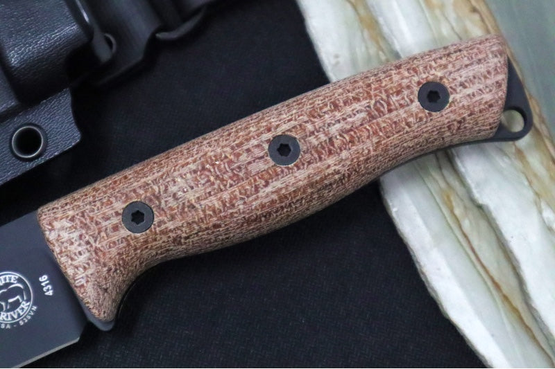 White River Ursus 45 Bushcrafter Custom - Natural Burlap Micarta Handle / CPM-S35VN Steel / Black Cerakote Finish / Black Kydex Sheath