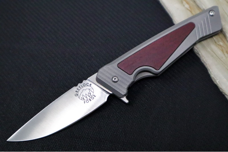 Greylock Forge Knives Flipper - Blasted Full Titanium Handle with Purple Heart Wood Inlay / Satin Finish / CPM-Magancut Steel
