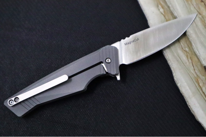 Greylock Forge Knives Flipper - Blasted Full Titanium Handle with Purple Heart Wood Inlay / Satin Finish / CPM-Magancut Steel