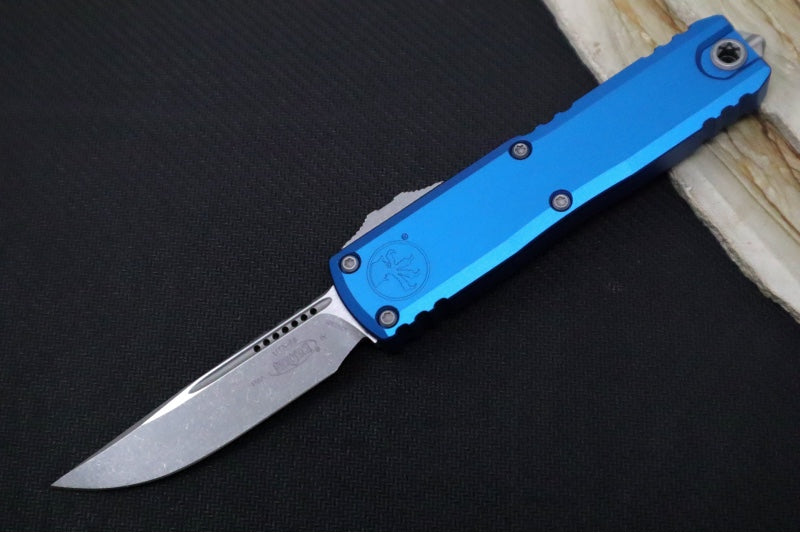 Microtech UTX-85 OTF Gen IV- Single Edge Blade / Apocalyptic Finish / Blue Anodized Aluminum Handle 12314-10APBL
