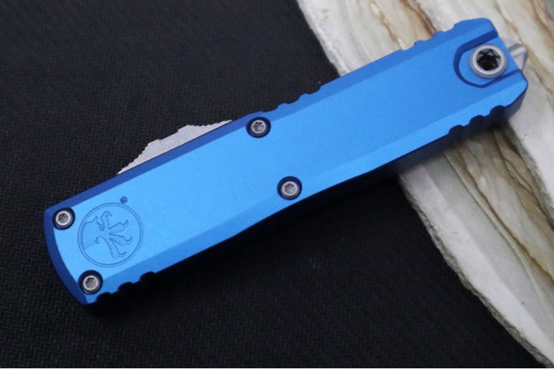 Microtech UTX-85 OTF Gen IV- Single Edge Blade / Apocalyptic Finish / Blue Anodized Aluminum Handle 12314-10APBL - Northwest Knives