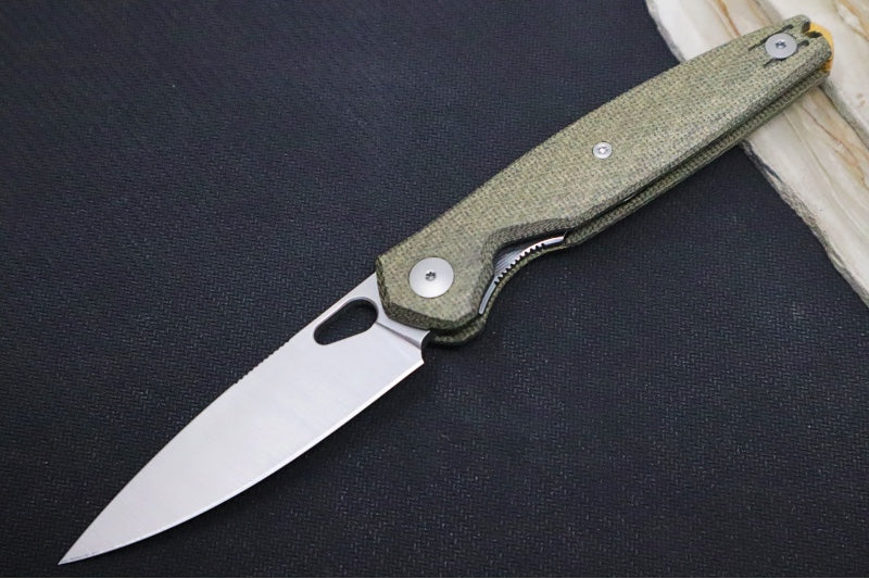 GiantMouse REO Folder - CPM-Magnacut Steel / Drop Point Blade / Green Canvas Micarta Handle REO-GRN-CANVAS