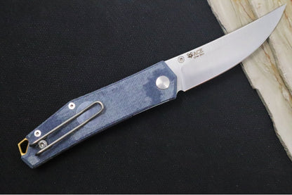 GiantMouse Clyde Folder - CPM-20CV Steel / Trailing Point Blade / Denim Canvas Micarta Handle & Brass Backspacer CLYDE-DENIM-MICARTA