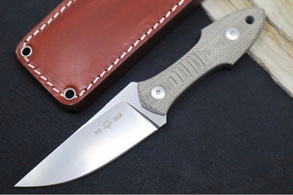 GiantMouse GMF3 Fixed Blade - Bohler N690 Steel / Drop Point Blade / Green Micarta Handle / Brown Leather Sheath GMF3-GRN-SATIN