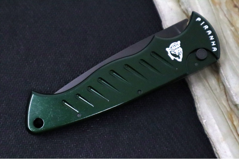 Piranha Knives "Pocket" - CPM-154CM Steel / Green Aluminum Handle / Black Blade - Northwest Knives