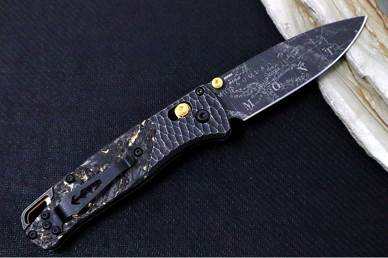Benchmade 535 Bugout Gold Class - Titanium Hammered Bolster & Fatcarbon Steller Handle Onlay / M390 Steel / Drop Point Blade with Black Cerakote / Last Chance Gulch MT Blade Engraving / Gold Plated Backspacer & Thumb Stud