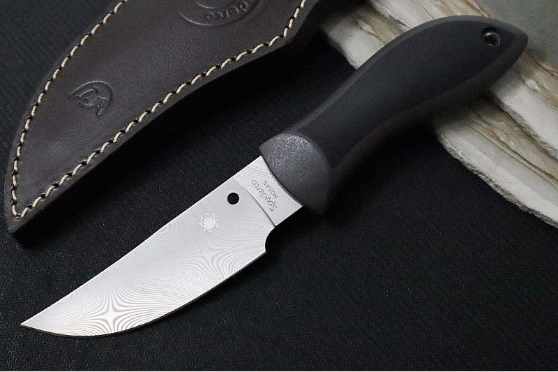 Spyderco Moran Fixed Blade SPRINT RUN - Dense Twist Damasteel / Upswept Blade / Black FRN & Kraton Handle / Brown Leather Sheath FB01PGYD