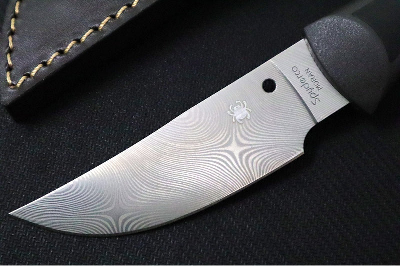 Spyderco Moran Fixed Blade SPRINT RUN - Dense Twist Damasteel / Upswept Blade / Black FRN & Kraton Handle / Brown Leather Sheath FB01PGYD