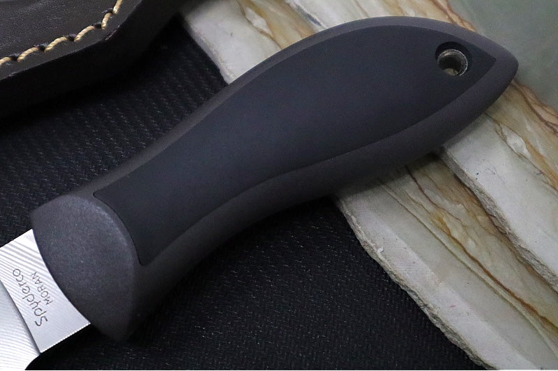 Spyderco Moran Fixed Blade SPRINT RUN - Dense Twist Damasteel / Upswept Blade / Black FRN & Kraton Handle / Brown Leather Sheath FB01PGYD - Northwest Knives