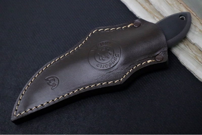 Spyderco Moran Fixed Blade SPRINT RUN - Dense Twist Damasteel / Upswept Blade / Black FRN & Kraton Handle / Brown Leather Sheath FB01PGYD - Northwest Knives
