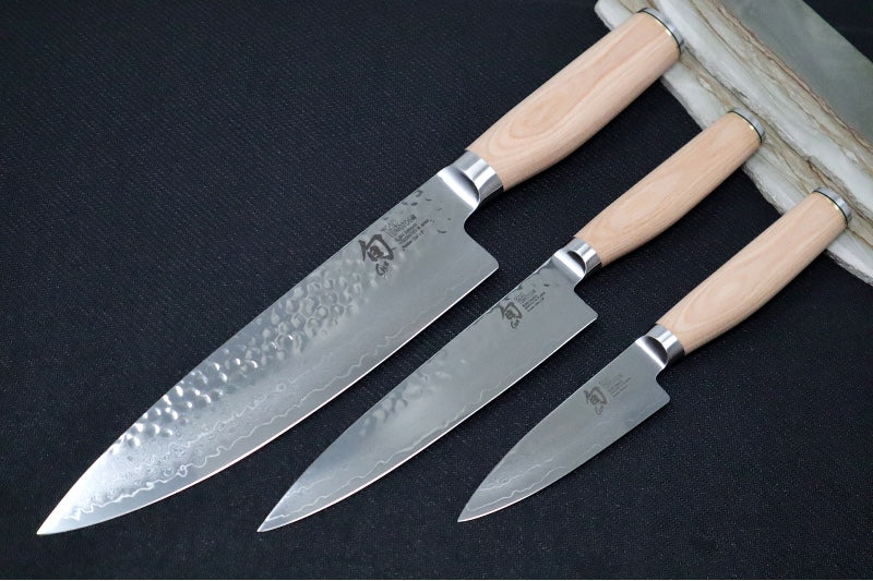 Shun Premier Blonde - 3pc Starter Set - 69 Layered Damascus -Hammered Tsuchime Finish - Blonde Colored Pakkawood Handle - Made in Seki City, Japan