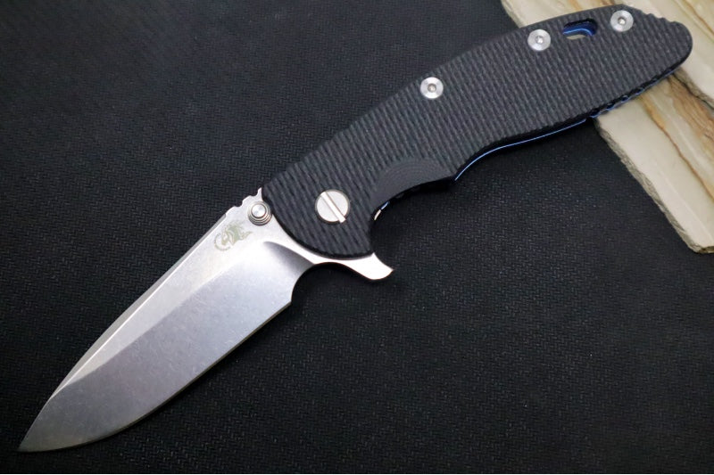 Rick Hinderer Knives XM-18 - 3.5" Spearpoint Blade / Stonewash Finish / Black G-10 Handle & Stonewashed Blue Anodized Frame