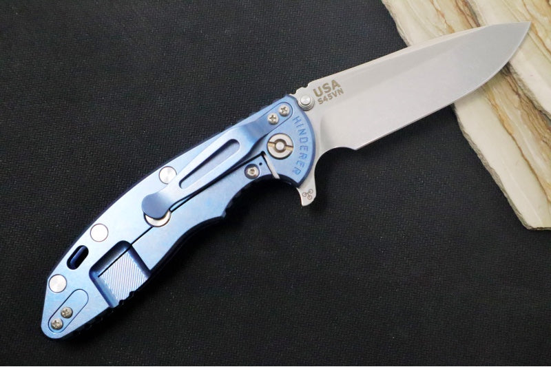 Rick Hinderer Knives XM-18 - 3.5" Spearpoint Blade / Stonewash Finish / Black G-10 Handle & Stonewashed Blue Anodized Frame