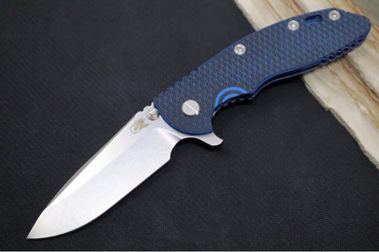Rick Hinderer Knives XM-18 - 3.5" Spearpoint Blade / Stonewash Finish / Black & Blue G-10 Handle & Stonewashed Blue Anodized Frame
