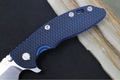 Rick Hinderer Knives XM-18 - 3.5" Spearpoint Blade / Stonewash Finish / Black & Blue G-10 Handle & Stonewashed Blue Anodized Frame