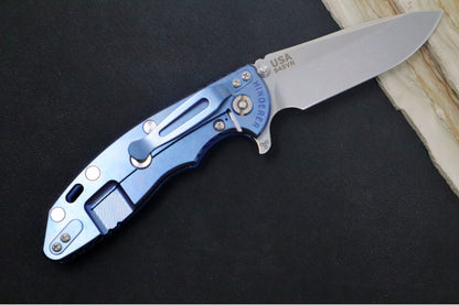 Rick Hinderer Knives XM-18 - 3.5" Spearpoint Blade / Stonewash Finish / Black & Blue G-10 Handle & Stonewashed Blue Anodized Frame