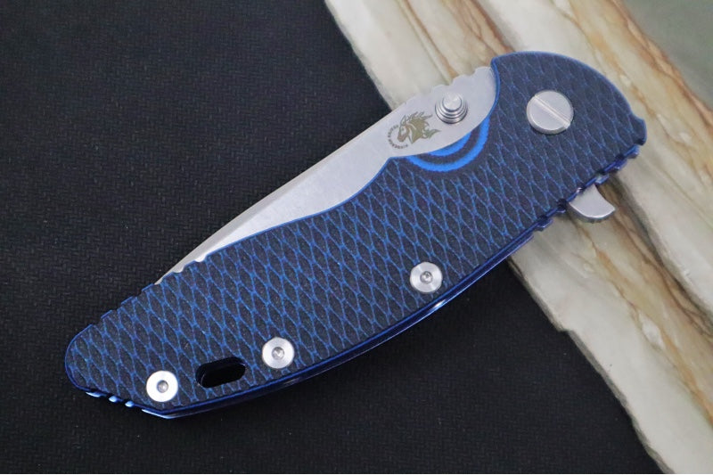 Rick Hinderer Knives XM-18 - 3.5" Spearpoint Blade / Stonewash Finish / Black & Blue G-10 Handle & Stonewashed Blue Anodized Frame