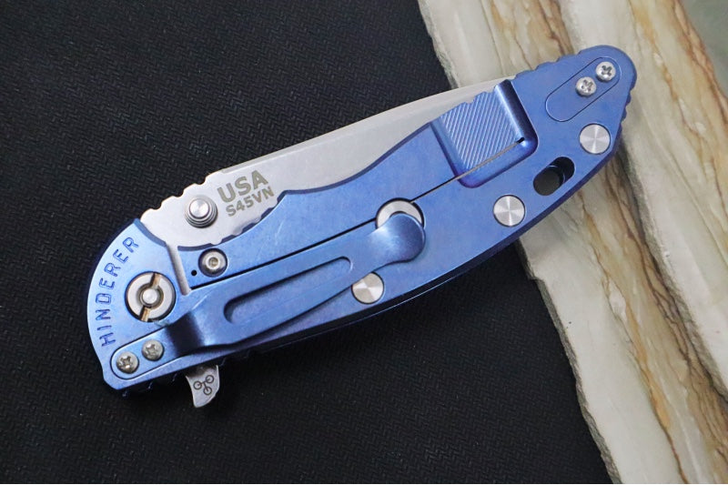 Rick Hinderer Knives XM-18 - 3.5" Spearpoint Blade / Stonewash Finish / Black & Blue G-10 Handle & Stonewashed Blue Anodized Frame