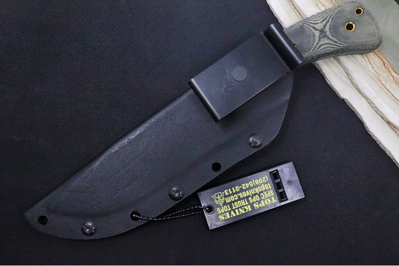 Tops Pasayten Fixed Blade - 154CM Steel/ Clip Point Blade / Black Linen Micarta Handle / Kydex Sheath P001