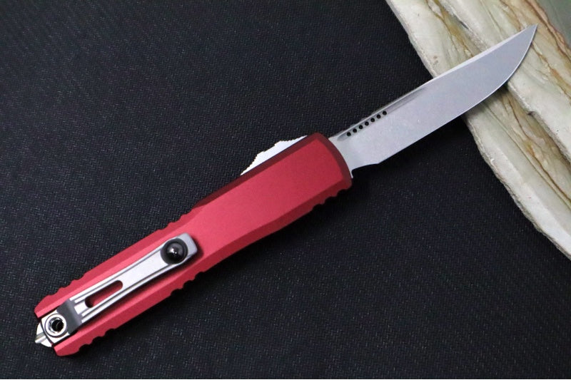 Microtech Ultratech Gen IV OTF - Stonewash Finish / Drop Point Blade / Merlot Anodized Aluminum Handle 11214-10MR