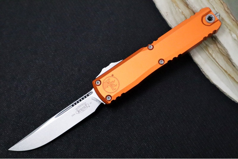 Microtech Ultratech Gen IV OTF - Stonewash Finish / Drop Point Blade / Orange Anodized Aluminum Handle 11214-10OR