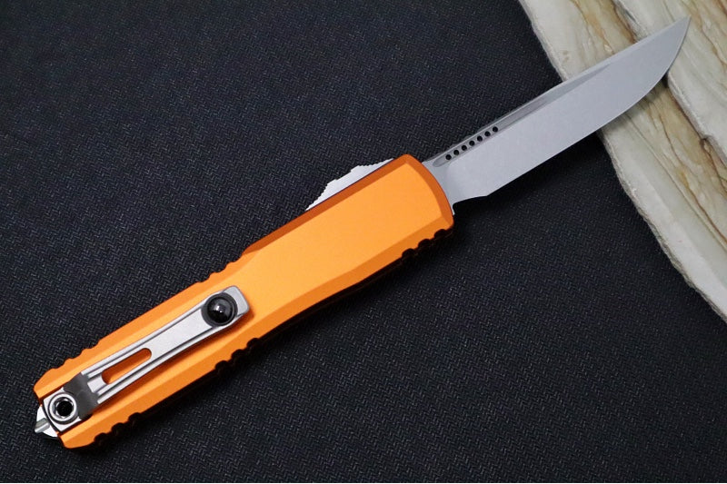Microtech Ultratech Gen IV OTF - Stonewash Finish / Drop Point Blade / Orange Anodized Aluminum Handle 11214-10OR