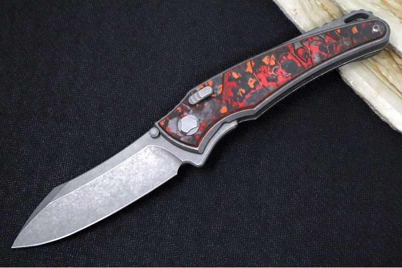 Hawk Knife Designs Talon Button Lock Flipper - Mars Valley Carbon Fiber Inlay & Tumbled Titanium Handle / M390 Steel / Tumbled Finish / Sheepsfoot Blade - Northwest Knives