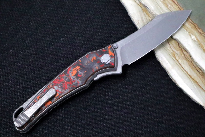 Hawk Knife Designs Talon Button Lock Flipper - Mars Valley Carbon Fiber Inlay & Tumbled Titanium Handle / M390 Steel / Tumbled Finish / Sheepsfoot Blade