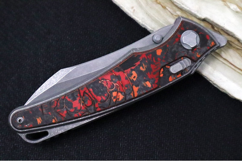 Hawk Knife Designs Talon Button Lock Flipper - Mars Valley Carbon Fiber Inlay & Tumbled Titanium Handle / M390 Steel / Tumbled Finish / Sheepsfoot Blade