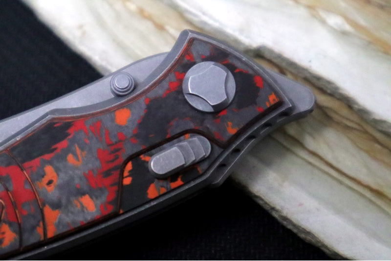 Hawk Knife Designs Talon Button Lock Flipper - Mars Valley Carbon Fiber Inlay & Tumbled Titanium Handle / M390 Steel / Tumbled Finish / Sheepsfoot Blade