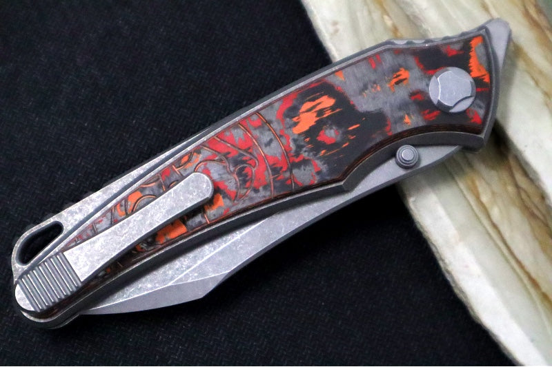 Hawk Knife Designs Talon Button Lock Flipper - Mars Valley Carbon Fiber Inlay & Tumbled Titanium Handle / M390 Steel / Tumbled Finish / Sheepsfoot Blade