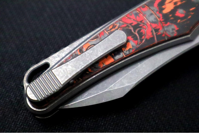 Hawk Knife Designs Talon Button Lock Flipper - Mars Valley Carbon Fiber Inlay & Tumbled Titanium Handle / M390 Steel / Tumbled Finish / Sheepsfoot Blade