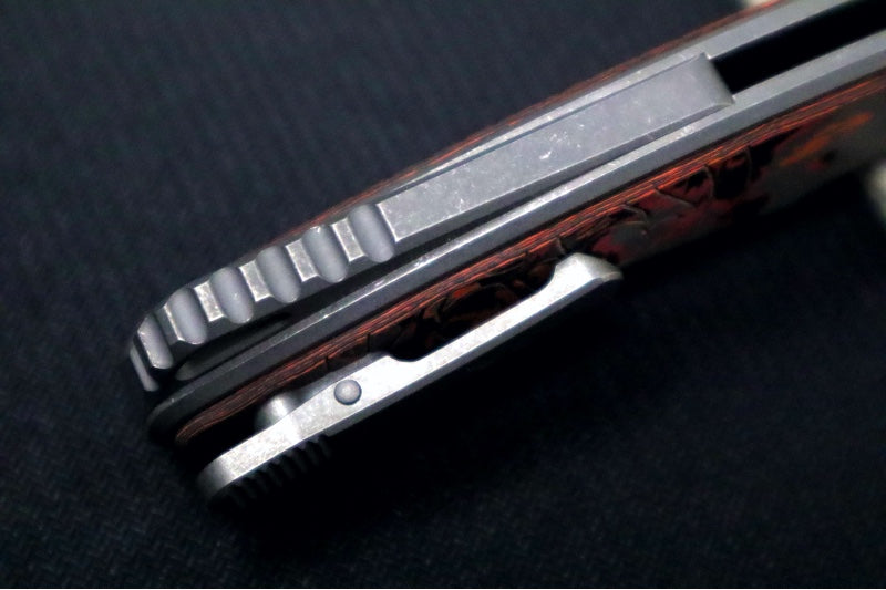 Hawk Knife Designs Talon Button Lock Flipper - Mars Valley Carbon Fiber Inlay & Tumbled Titanium Handle / M390 Steel / Tumbled Finish / Sheepsfoot Blade