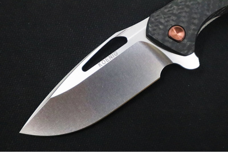 Koenig Arius - Standard With Black Carbon Fiber - Stonewashed Blade with Polished Flats - Rose Gold DLC Hardware & Spacer (Gen 4) - Northwest Knives