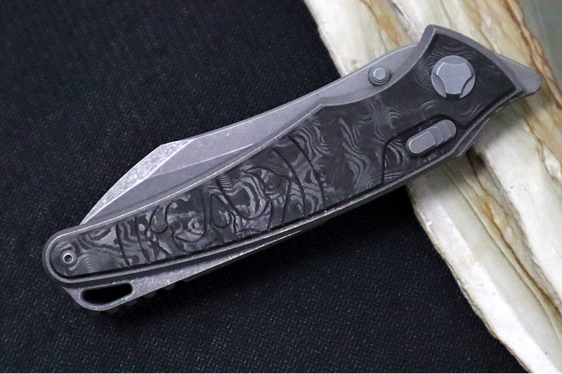 Hawk Knife Designs Talon Button Lock Flipper - Black Dunes Carbon Fiber Inlay & Tumbled Titanium Handle / M390 Steel / Tumbled Finish / Sheepsfoot Blade