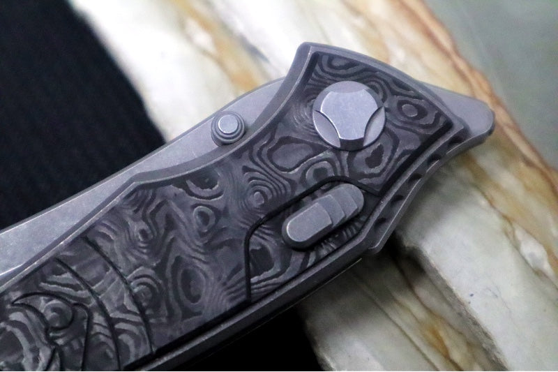 Hawk Knife Designs Talon Button Lock Flipper - Black Dunes Carbon Fiber Inlay & Tumbled Titanium Handle / M390 Steel / Tumbled Finish / Sheepsfoot Blade