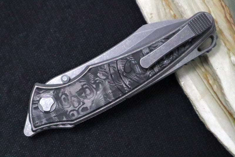 Hawk Knife Designs Talon Button Lock Flipper - Black Dunes Carbon Fiber Inlay & Tumbled Titanium Handle / M390 Steel / Tumbled Finish / Sheepsfoot Blade - Northwest Knives