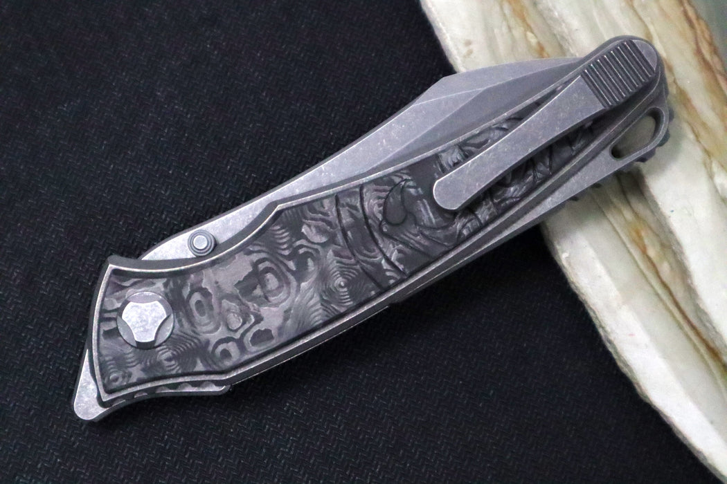 Hawk Knife Designs Talon Button Lock Flipper - Black Dunes Carbon Fiber Inlay & Tumbled Titanium Handle / M390 Steel / Tumbled Finish / Sheepsfoot Blade