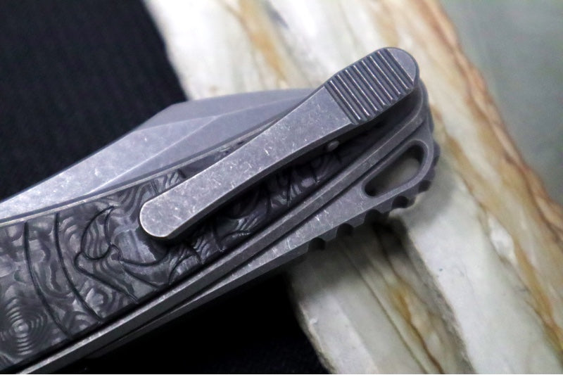 Hawk Knife Designs Talon Button Lock Flipper - Black Dunes Carbon Fiber Inlay & Tumbled Titanium Handle / M390 Steel / Tumbled Finish / Sheepsfoot Blade