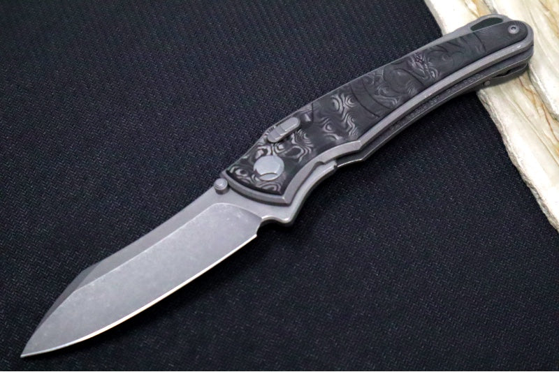 Hawk Knife Designs Talon Button Lock Flipper - Black Dunes Carbon Fiber Inlay & Tumbled Titanium Handle / M390 Steel / Tumbled Finish / Sheepsfoot Blade