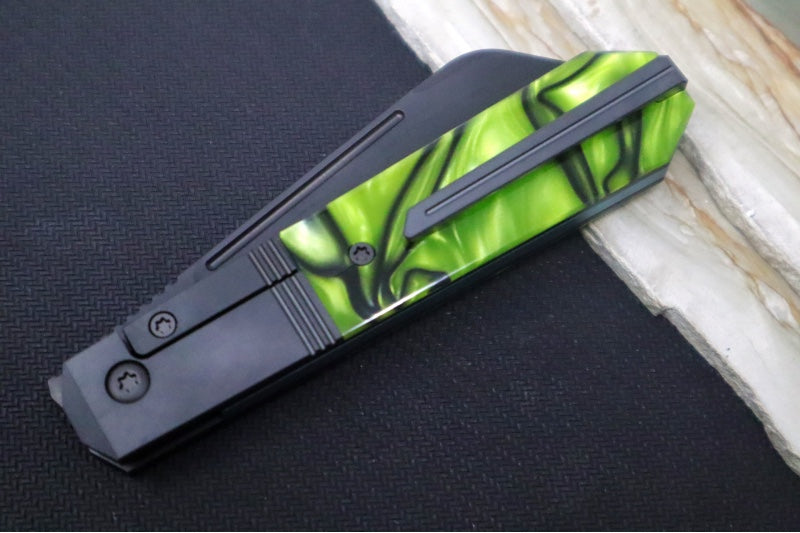 Jack Wolf Knives After Hours Jack Front Flipper - Toxic Green Kirinite Inlay / Bead Blasted Titanium Frame & Bolsters / CPM-S90V Steel