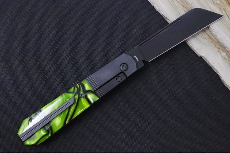 Jack Wolf Knives After Hours Jack Front Flipper - Toxic Green Kirinite Inlay / Bead Blasted Titanium Frame & Bolsters / CPM-S90V Steel