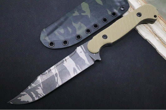 Toor Knives Valor Tropic Thunder - Tiger Stripe Black Oxide Finished Blade / CPM-3V Steel / OD Green G-10 Handle / Kydex Sheath 850049642248