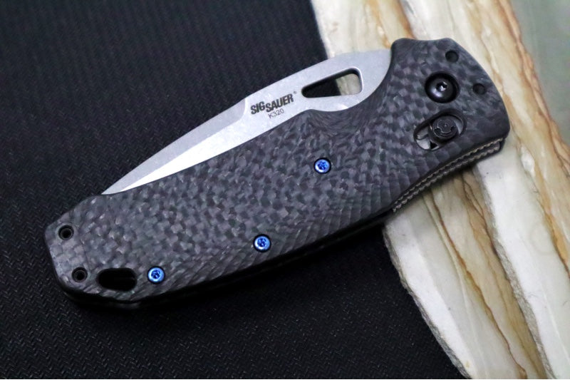 Hogue Knives SIG K320 Collector Series Folder - Black Carbon Fiber Handle / Tumbled Finished Drop Point Blade 36391-LIM
