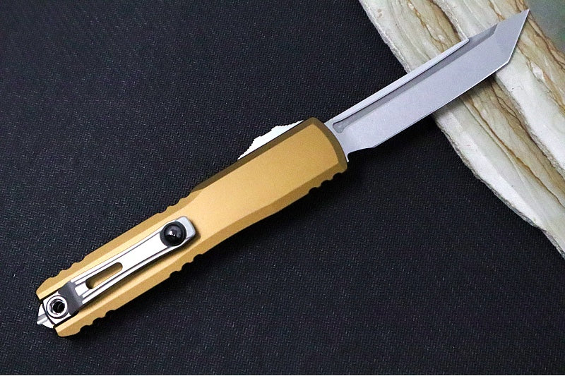 Microtech Ultratech Gen IV OTF - Stonewash Finish / Tanto Blade / Tan Anodized Aluminum Handle 11234-10TA - Northwest Knives