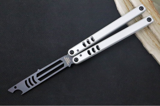 Squid Industries Mako V4.5 Balisong Trainer - Silver Anodized Aluminum Handle / DLC "Inked" Finished Stainless Steel Blade / Phosphorus Bronze Washers