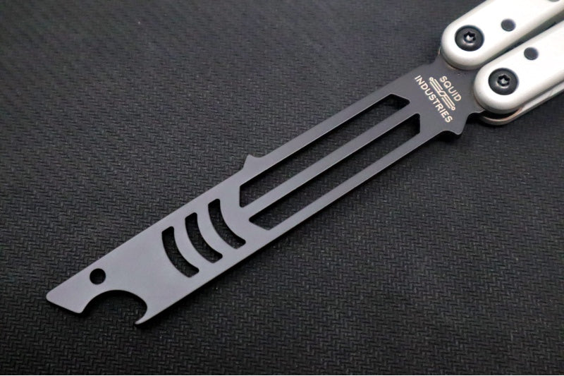 Squid Industries Mako V4.5 Balisong Trainer - Silver Anodized Aluminum Handle / DLC "Inked" Finished Stainless Steel Blade / Phosphorus Bronze Washers